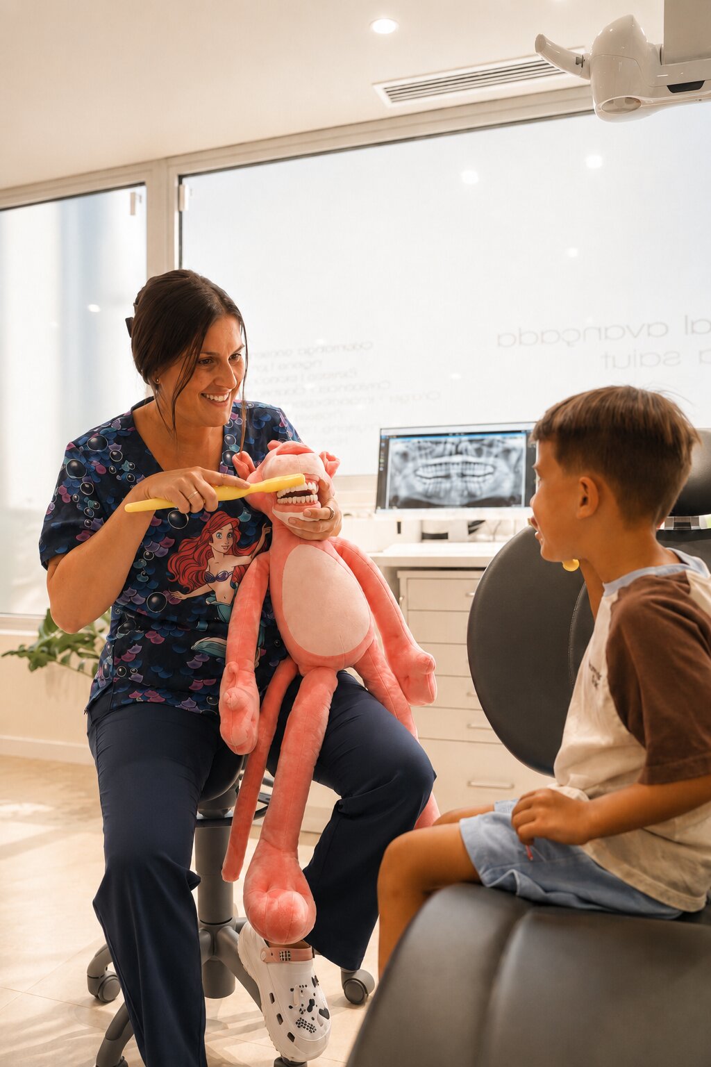 Odontopediatra explicant el raspallat amb un ninot
